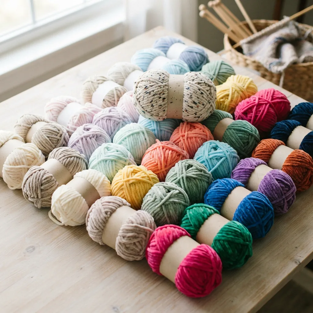 An array of chenille yarn skeins in various solid and tweed colors