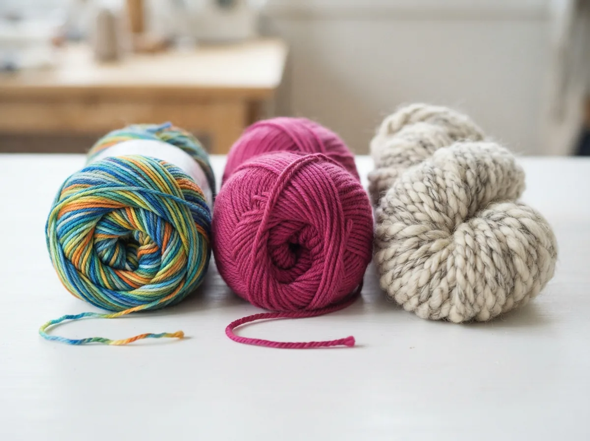 An overview showing different types of Barcelona yarn: self-striping, solid, and roving.