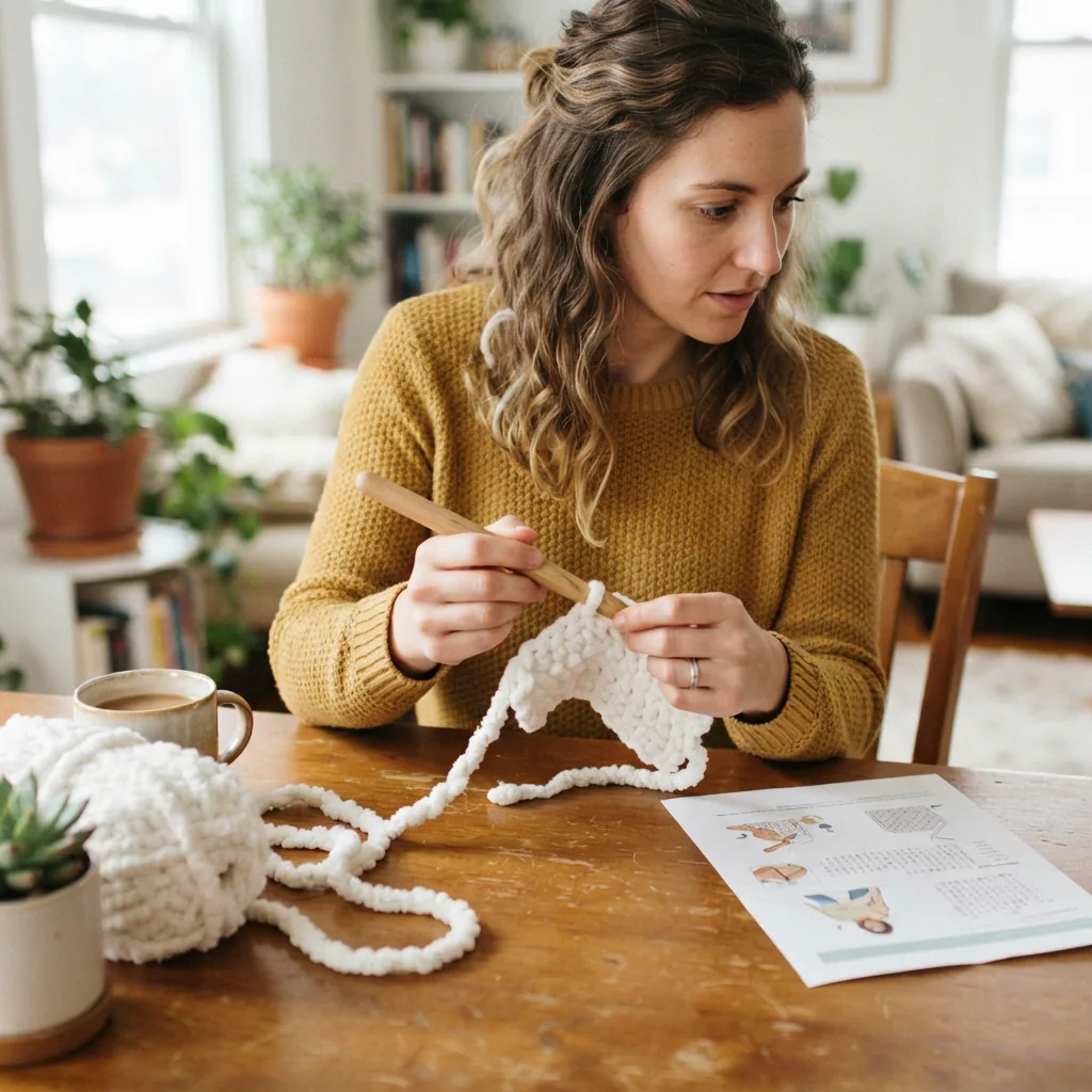 A beginner crocheting with white jumbo yarn, following a simple pattern.