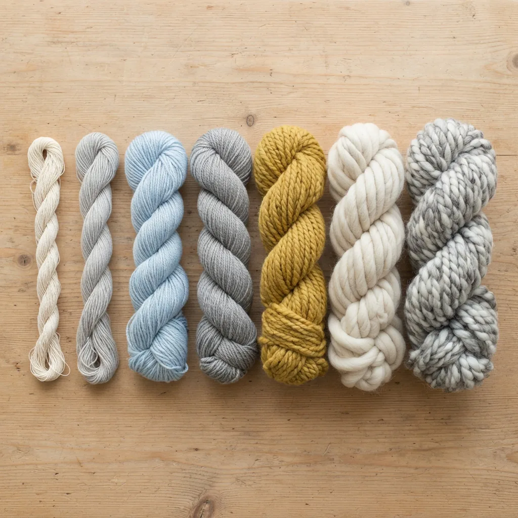 A collection of yarn skeins from different weight categories arranged by thickness.