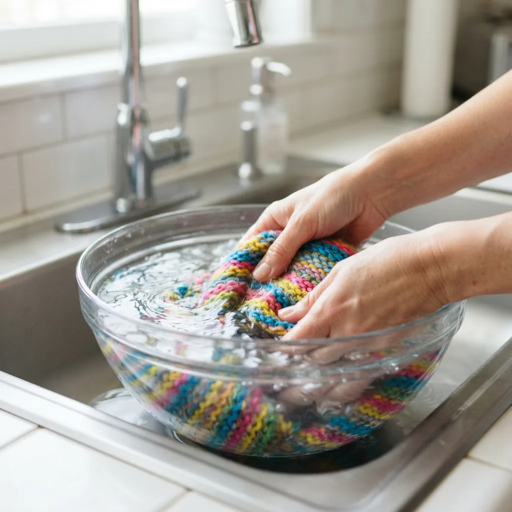 A pair of hands gently hand-washing a knitted item in a bowl of water.