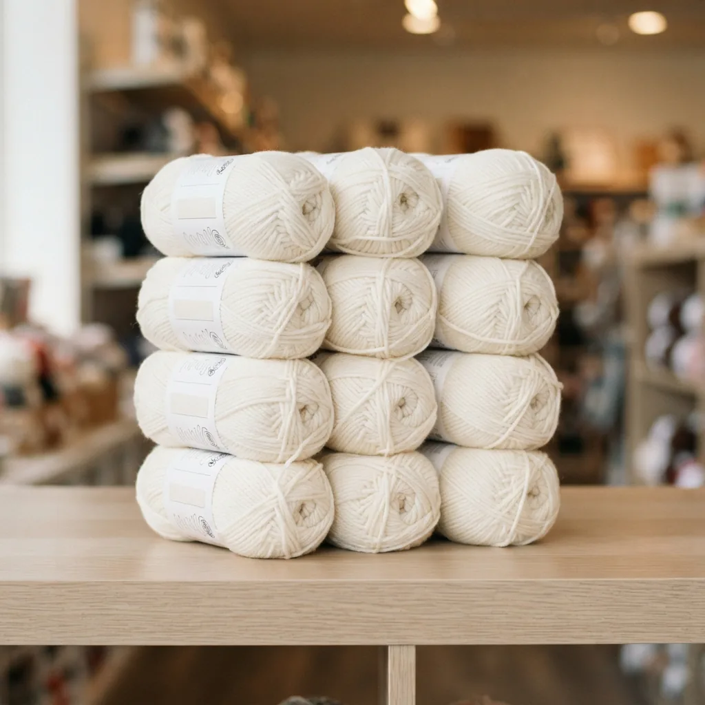 A neatly stacked bulk pack of twelve Loops & Threads Soft Classic Solid Yarn skeins in an off-white color.