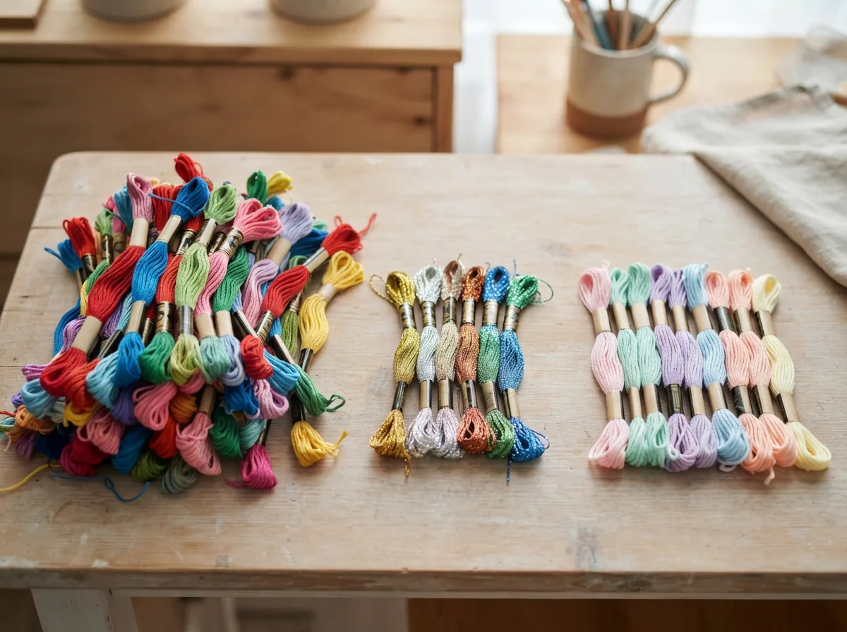 A display showing three distinct types of Loops & Threads floss: standard cotton, metallic, and a pastel color assortment.