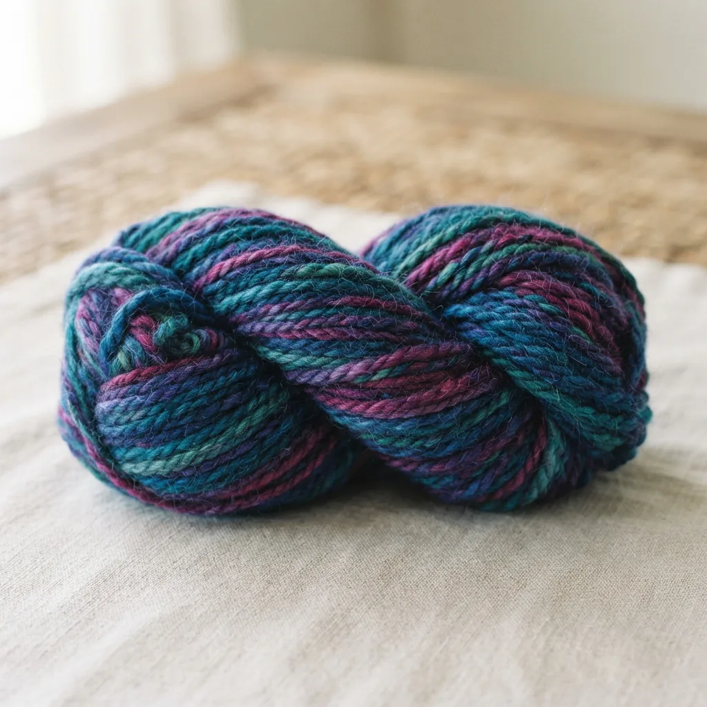 A single skein of Loops & Threads Charisma Yarn in the Dragonfly multicolor colorway.