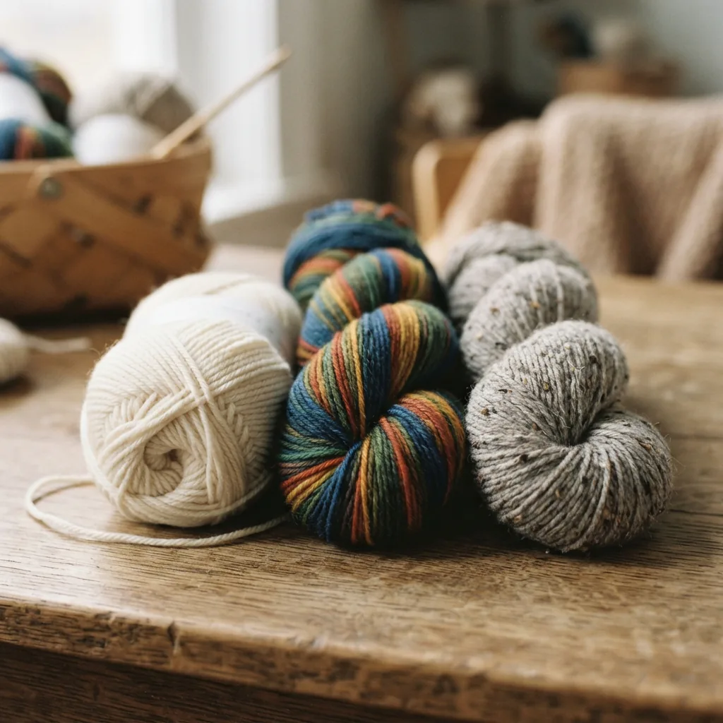 Assortment of Cozy Wool yarn skeins showing solid, stripe, and tweed varieties.