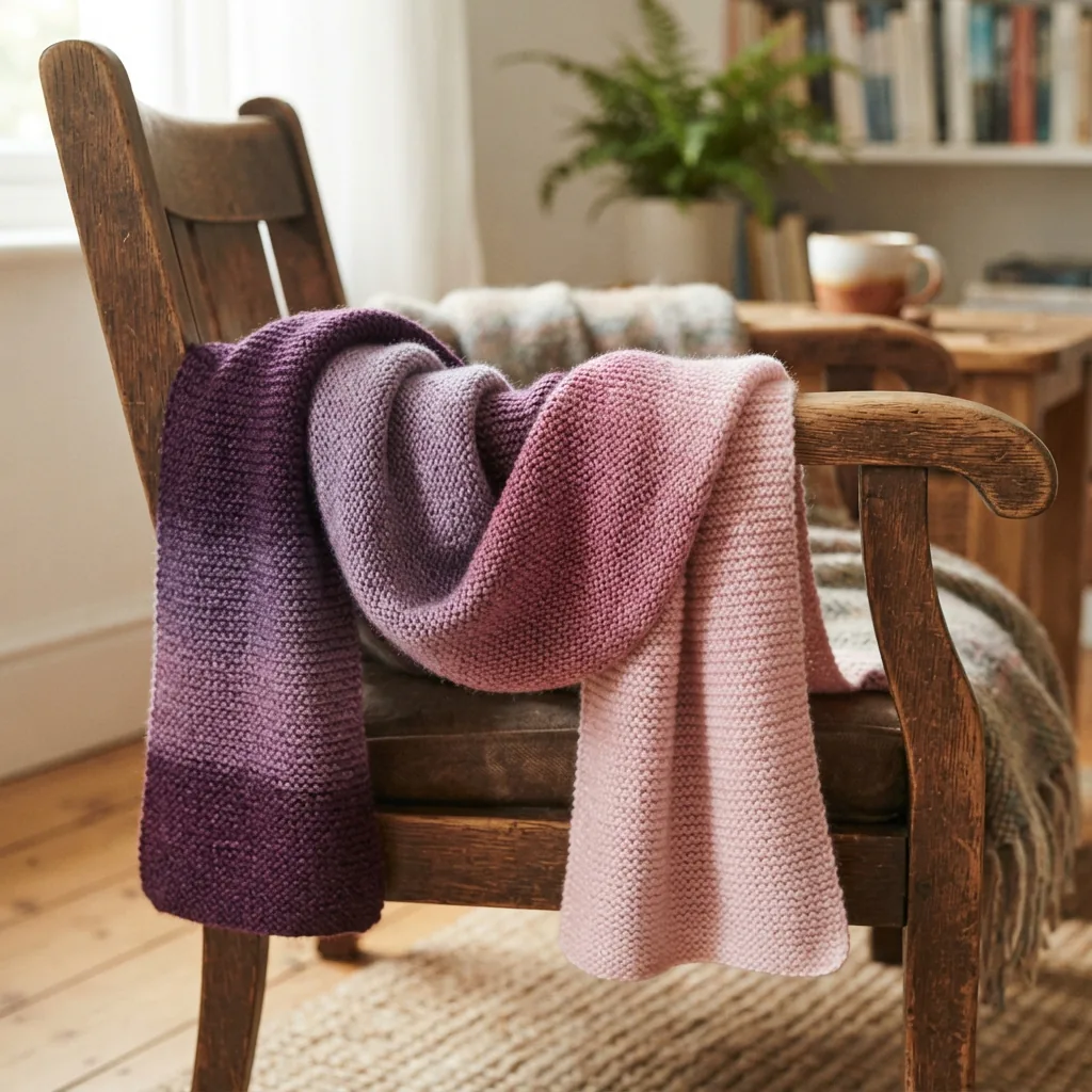 A finished knit scarf draped over a chair, displaying a smooth ombre color transition from deep purple to soft pink.