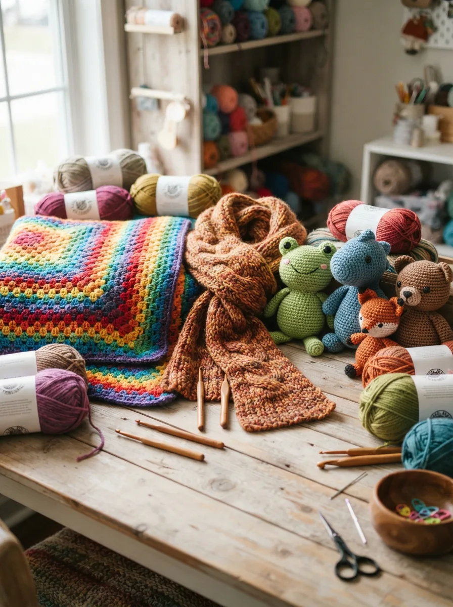 A styled display of various completed crochet kit projects, including a blanket, scarf, and small stuffed animals, arranged on a cozy surface.
