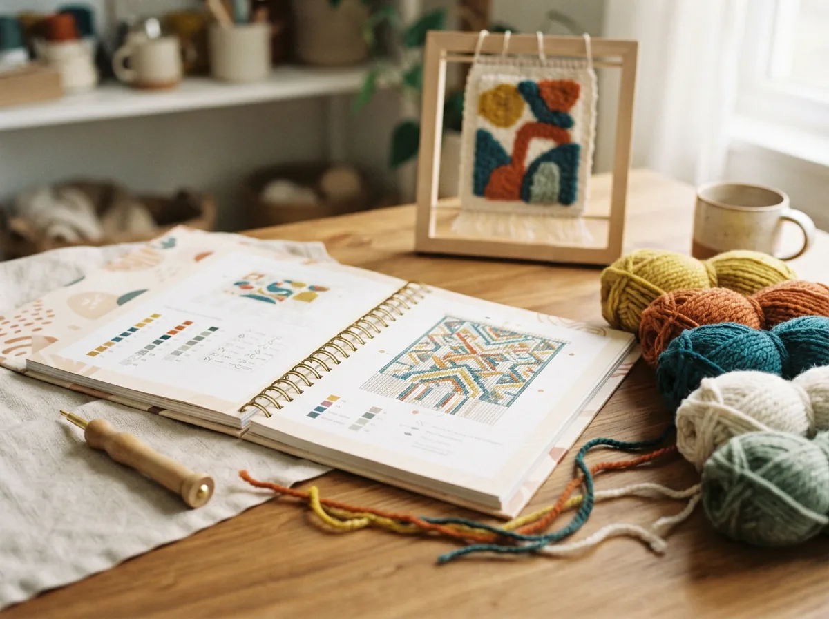 The Loops & Threads Punch Needle Wall Hanging Patterns book with sample yarn skeins.