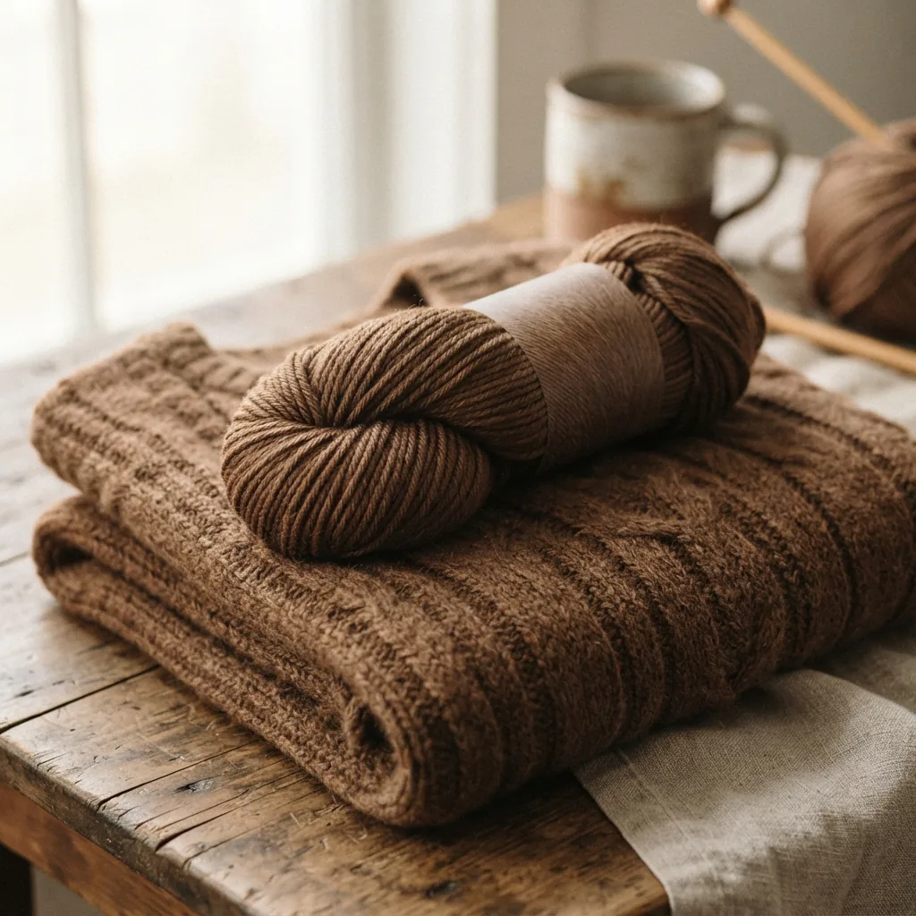 A skein of brown yarn resting on a stack of folded fabric or a knitted garment.