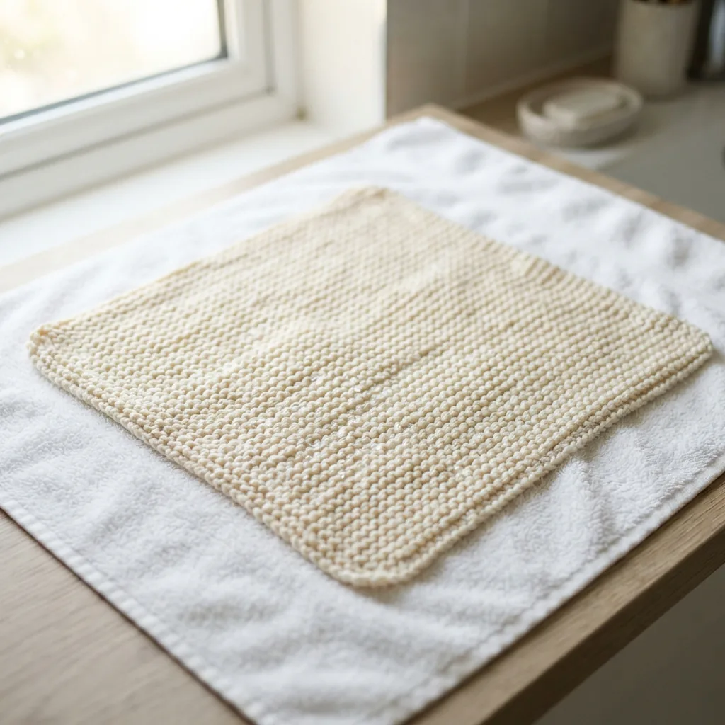 A wet, knitted Crème Cotton project laid flat on a white towel to dry.