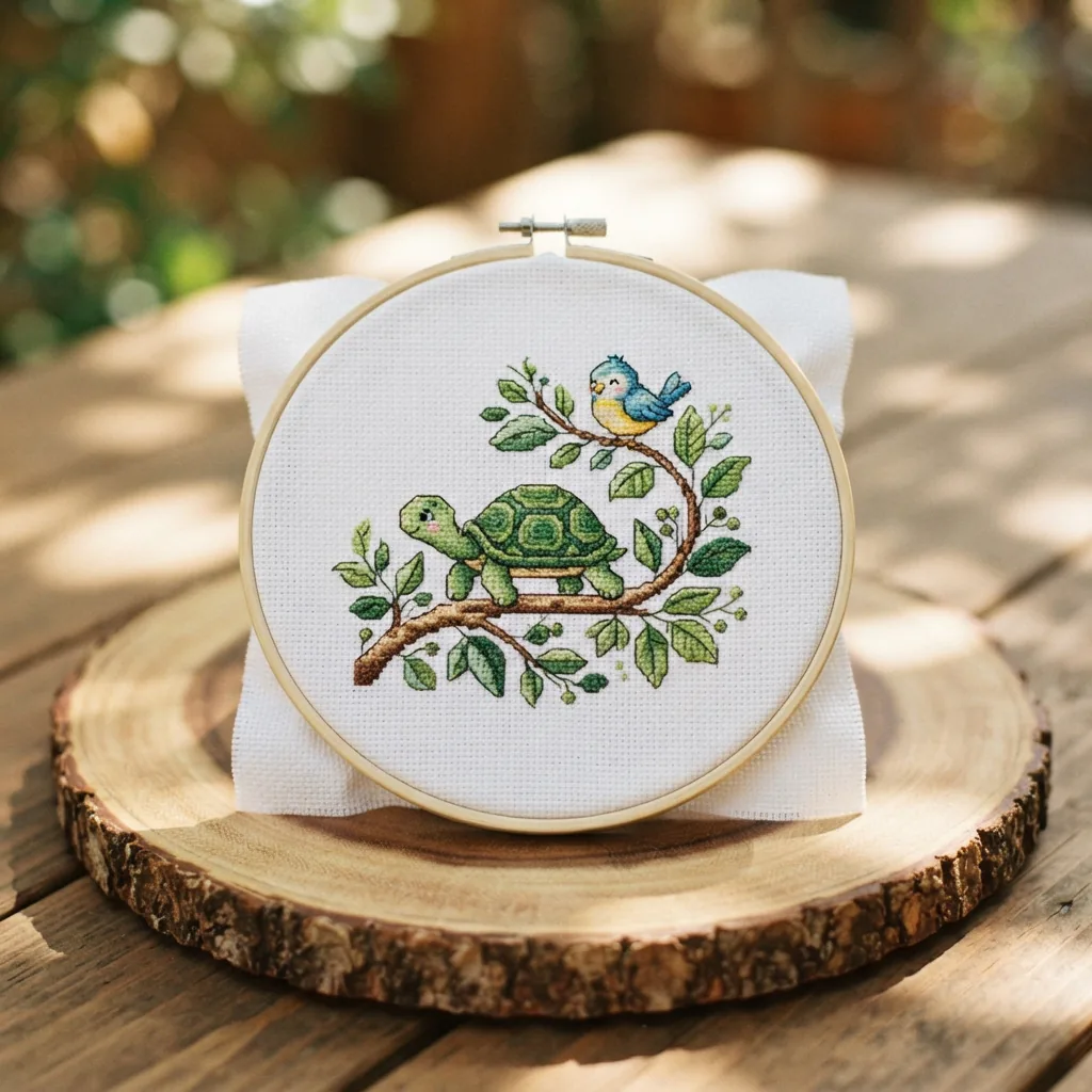 The Turtle & Bird counted cross stitch kit by Loops & Threads with a stitched nature scene.