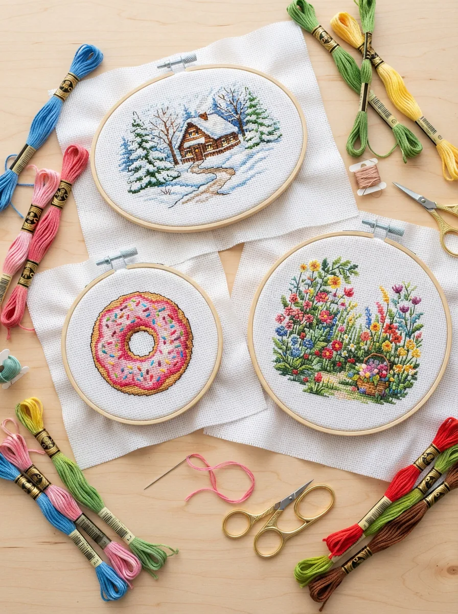 A collection of colorful Loops & Threads counted cross stitch kits displaying various finished designs.