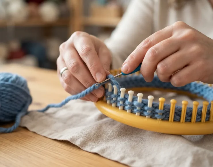 A close-up of a hand using the metal hook to wrap yarn around a peg on the knitting loom.