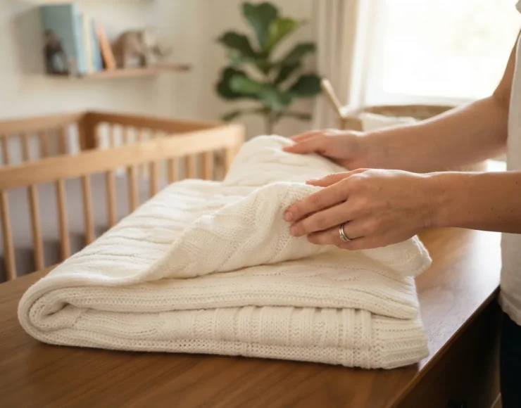 A close-up of a soft, white cotton baby blanket being gently folded, highlighting its gentle texture and clean appearance.