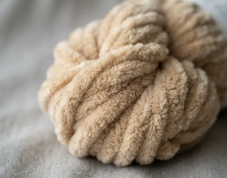 Close-up of the soft, plush chenille yarn texture in a sandy beige color.
