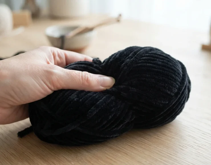 A close-up of a hand holding a skein of soft, black Royal Velvet yarn, showing its plush texture.