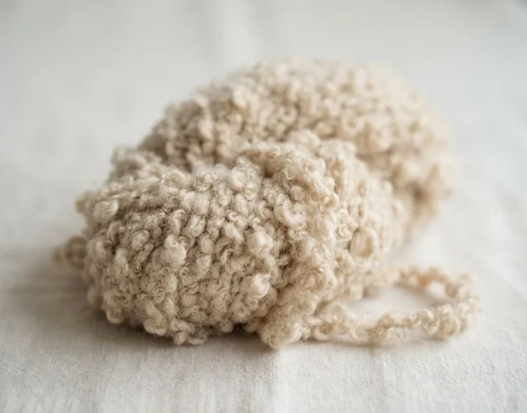 A close-up of the soft, textured loops of Loops and Threads Cozy Boucle yarn in a neutral color.