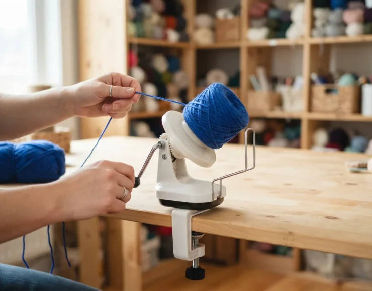 The white yarn winder clamped to a wooden table, neatly winding a skein of colorful yarn into a tidy center-pull cake.