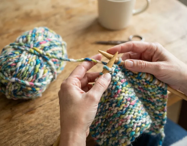 Hands holding knitting needles working with a ball of Mixed Up yarn on a simple project.