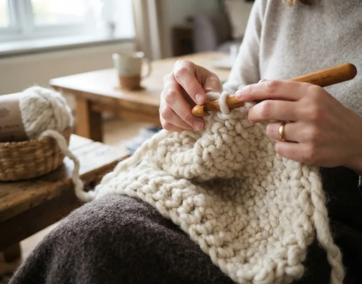Hands quickly crocheting a chunky scarf with a large hook and Lush Alpaca yarn.