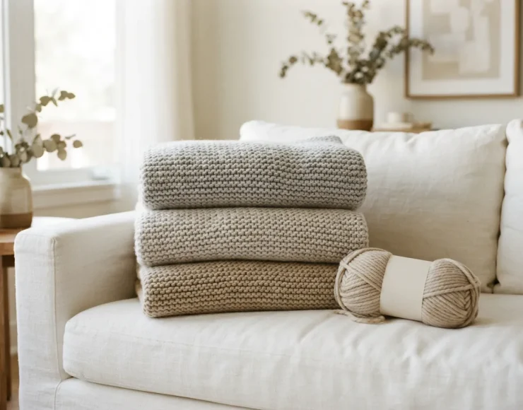 A neatly folded stack of finished blankets in complementary neutral tones, with the sand-colored yarn skein placed beside them.