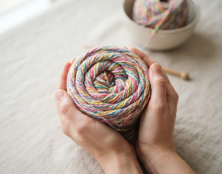 Close-up of hands holding a soft, colorful cake of Birthday Cake Carousel Twist Yarn.