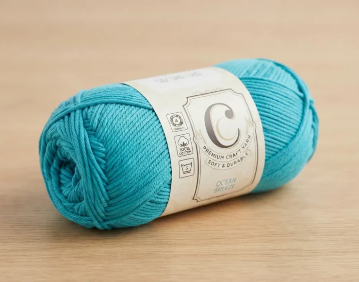 A full skein of Crème Cotton yarn with its label, showing the generous yardage.