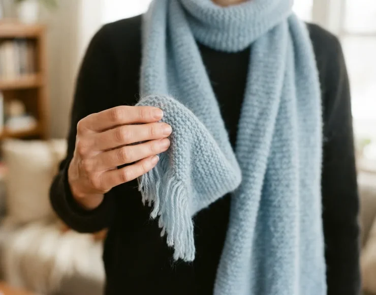 A close-up of a hand holding a soft, knitted scarf made from Woolike yarn, showing its gentle drape.