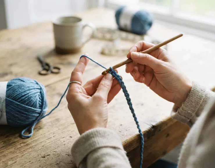 A crafter's hands holding a crochet hook and a skein of Impressions yarn, beginning a new project.