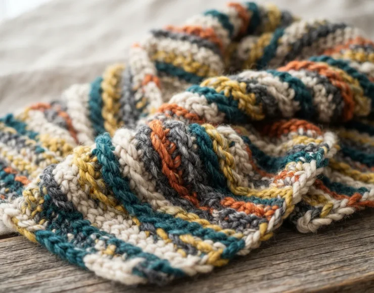 A close-up of a crocheted scarf made with Textured Twist yarn showing the soft, striped, twisted texture.