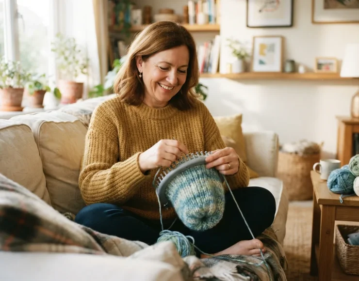 A smiling person relaxing on a sofa, happily working on a knitting loom project.