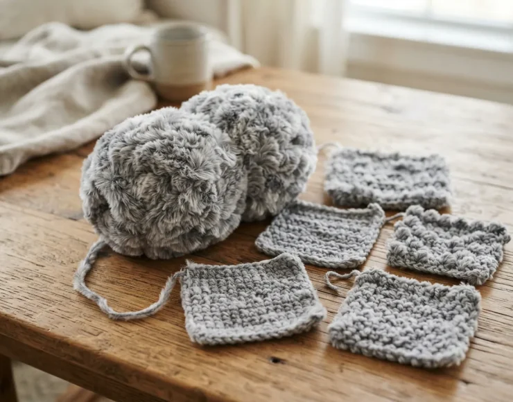 A skein of gray faux fur yarn next to several small crocheted swatches showing different textures.
