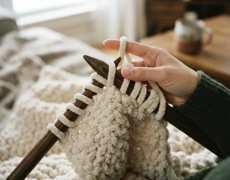 A person's hands gently working with the chenille yarn on large knitting needles.