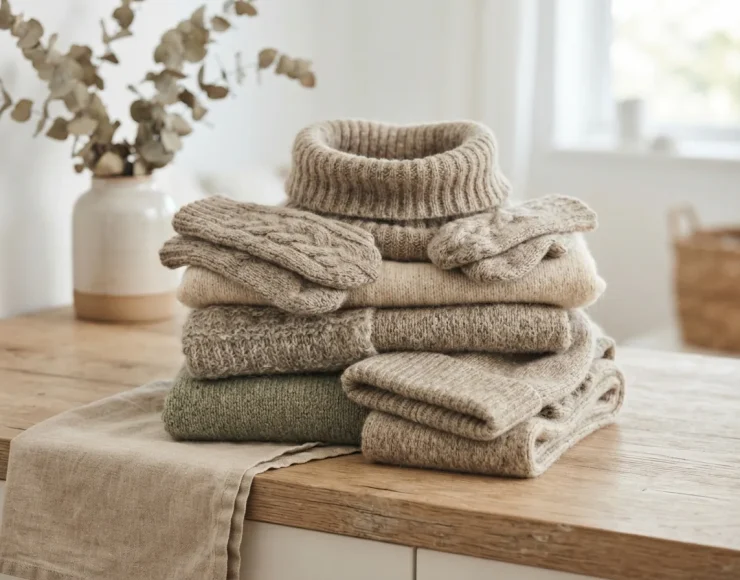 A folded stack of finished projects including a cowl and mittens made from durable Lush Alpaca yarn.