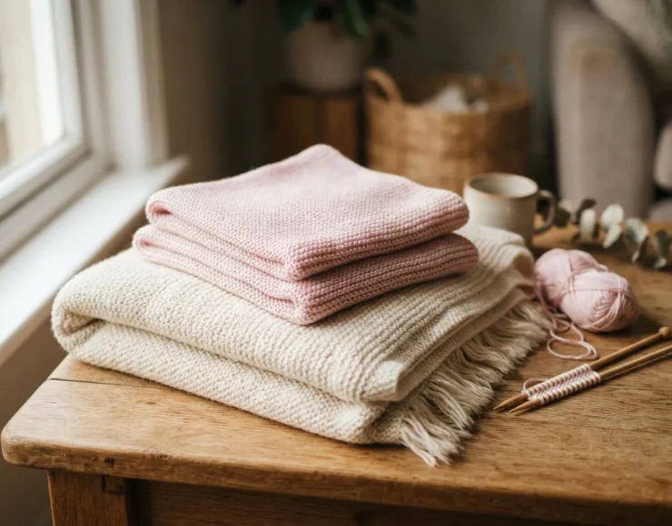 A folded stack of finished knitting projects, including a light scarf and a baby blanket, made from the silky yarn in soft, pastel colors.