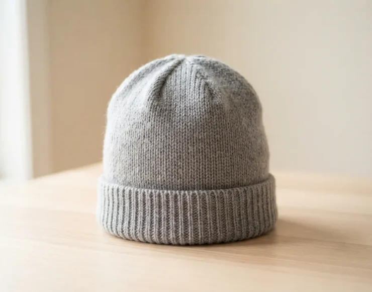 A cozy, hand-knit beanie made from Woolike yarn in a soft, neutral color, resting on a wooden table.
