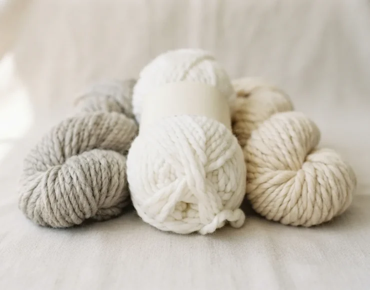 White Free Spirit yarn skein displayed alongside other colorful yarns for color comparison.
