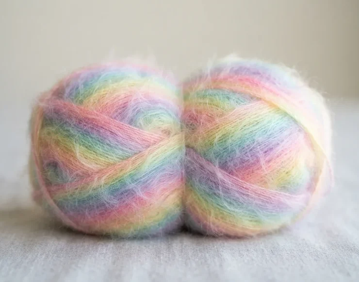 A close-up of a soft, brushed yarn skein in pastel rainbow colors showing its fluffy texture.
