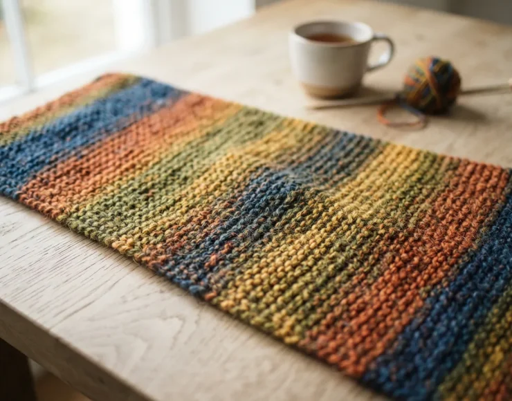 Close-up of a colorful knitted scarf made with Mixed Up yarn showing the blended color transitions.