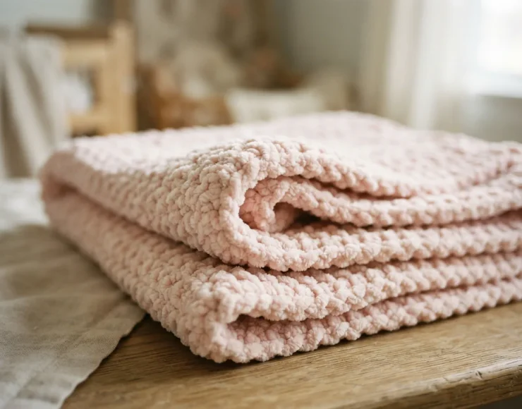 Close-up of a crocheted baby blanket made from soft, plush chenille yarn in a pastel color.