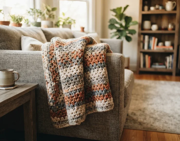 A finished crocheted blanket draped over a sofa, showcasing the Mixed Up yarn's durable texture.
