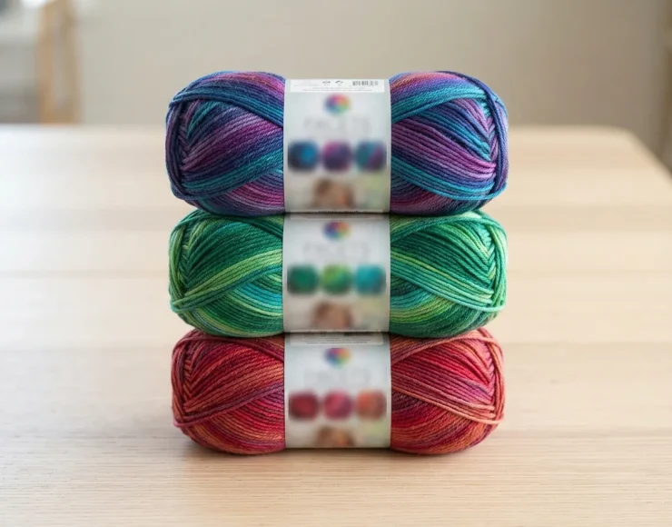 Three skeins of Facets yarn stacked to show the generous yardage and color variety.