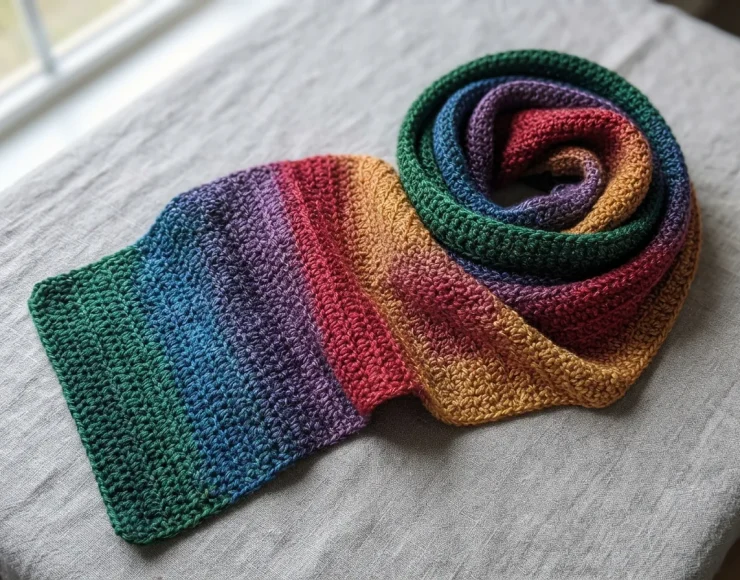 A close-up of a crocheted scarf showcasing the ombre color transition of Facets yarn.