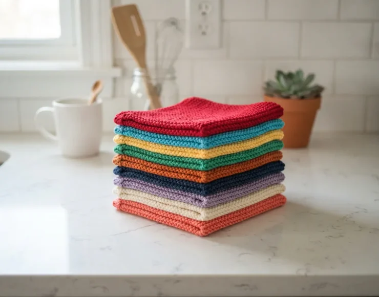 A neatly folded stack of colorful cotton dishcloths knitted with Loops and Threads Everyday Cotton yarn, resting on a clean kitchen countertop.