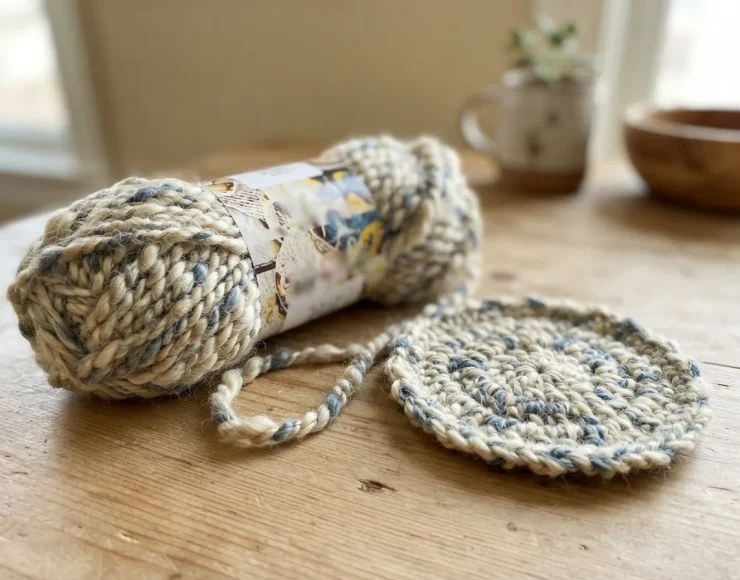 A skein of Textured Twist yarn next to a finished project, demonstrating its softness and vibrant color.
