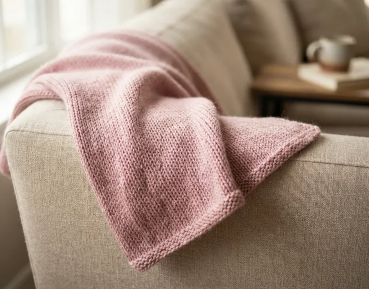 A close-up shot of a soft, light-colored knitted blanket made with Impressions yarn, showcasing its smooth texture and vibrant color.