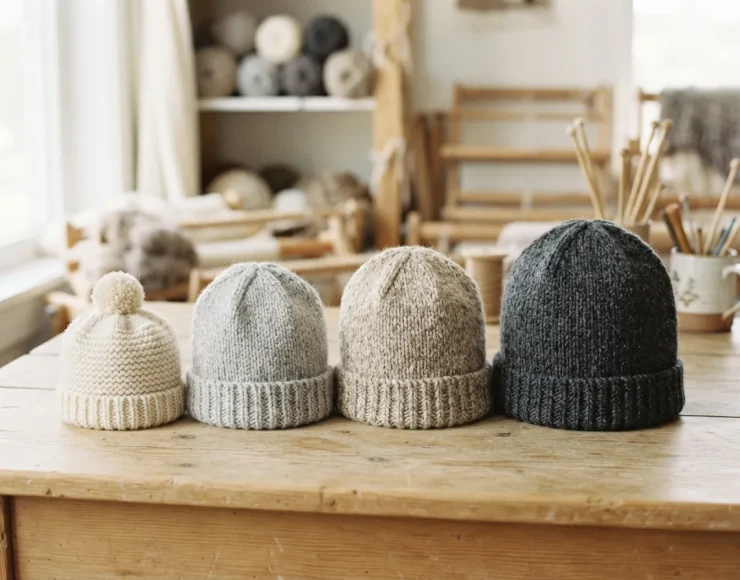 A collection of four finished knit hats in various sizes, from baby to adult, displayed together.