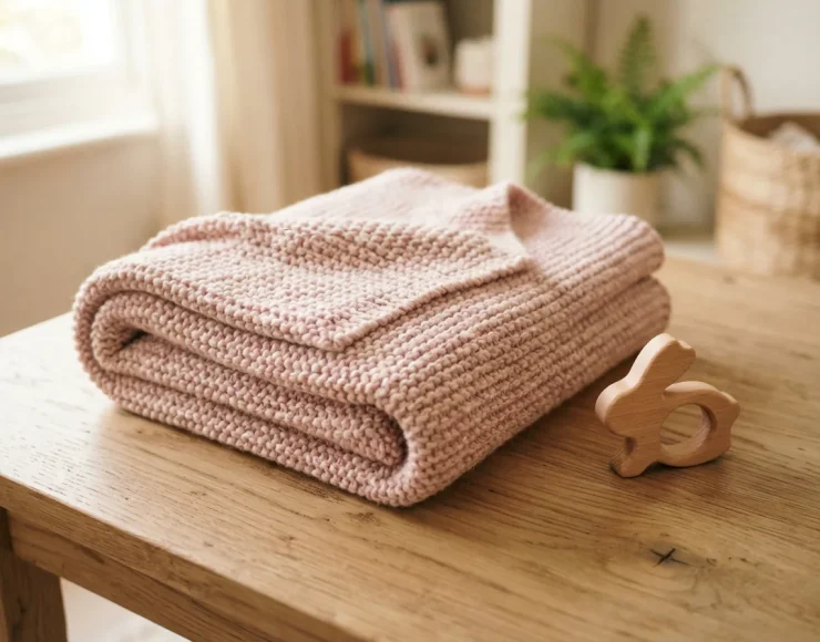 A knitted baby blanket in Crème Cotton yarn, folded softly to show its soft drape.
