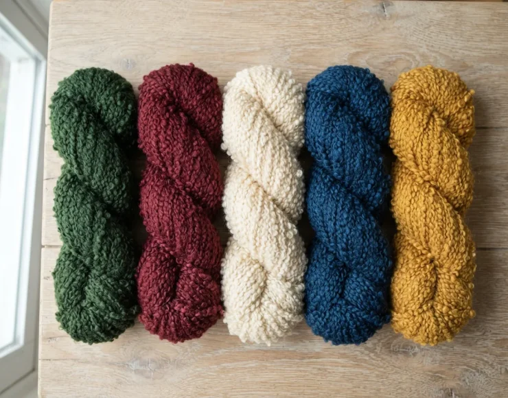 Several skeins of Cozy Boucle yarn displayed together, showcasing a variety of rich colors.
