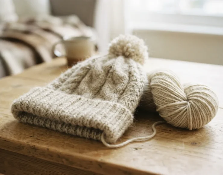 Close-up of a soft, knitted hat in a muted color made from Lush Alpaca yarn.